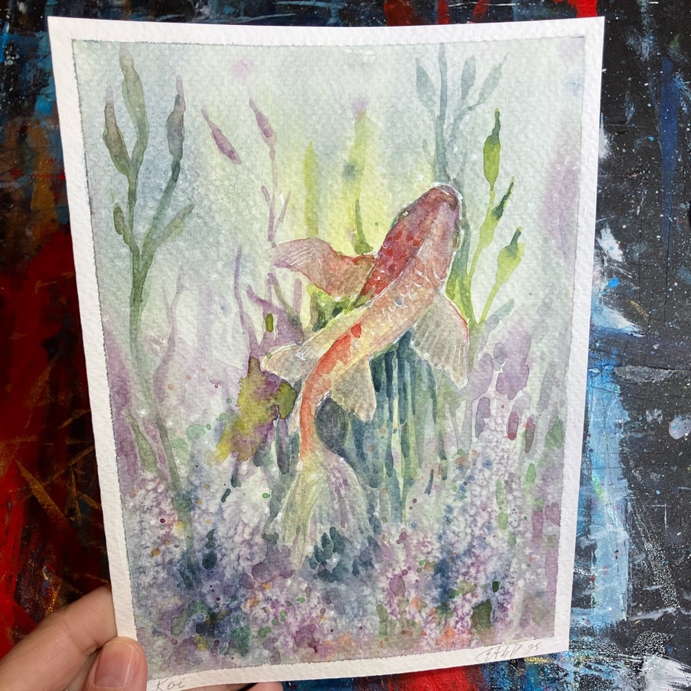 ORIGINAL Koi fish painting watercolor art artwork pond nature artwork US - Picture 3 of 9